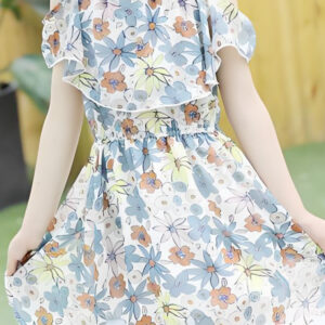 Girls' Floral Cold-Shoulder Ruffled Dress