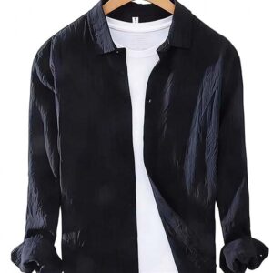 Men's Black Wrinkle-Textured Long-Sleeve Shirt