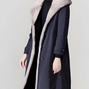 Navy Fur-Lined Hooded Coat with Reinforced Button