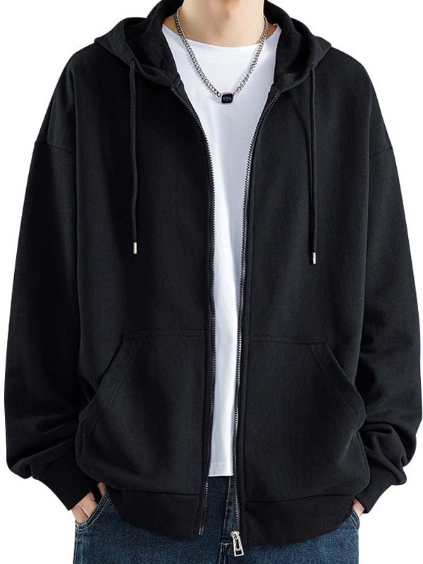 Men's Black Hooded Casual Jacket - Lightweight Zip-Up