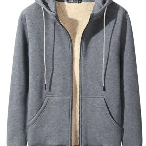 Men's Gray Fleece-Lined Zip-Up Hoodie Warm Casual Sweatshirt