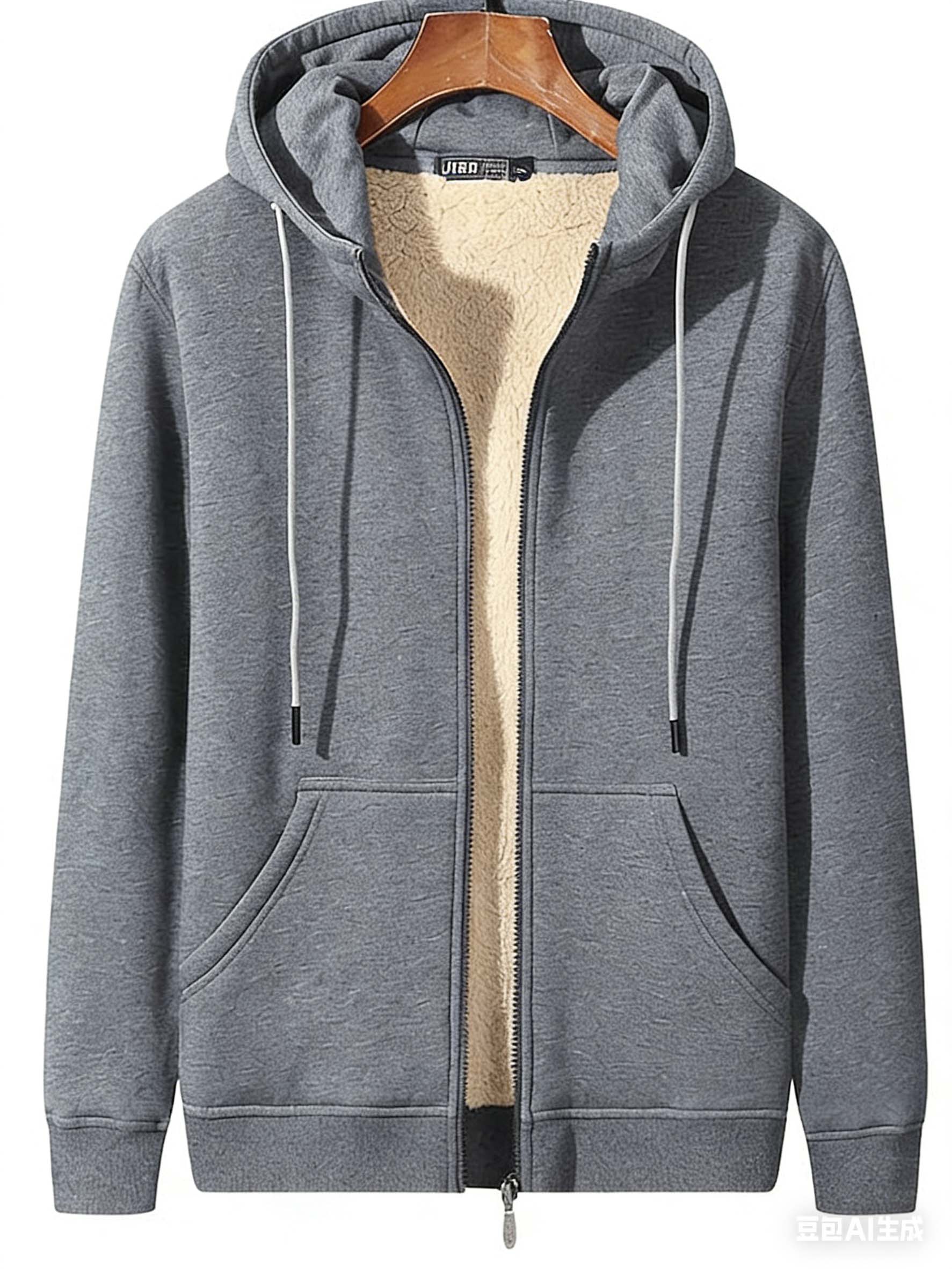 Men's Gray Fleece-Lined Zip-Up Hoodie Warm Casual Sweatshirt