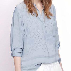 Light Blue Printed Blouse with Precise Pattern Alignment