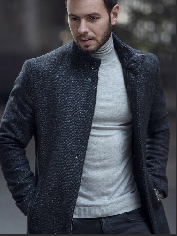 Premium men’s wool blend herringbone overcoa