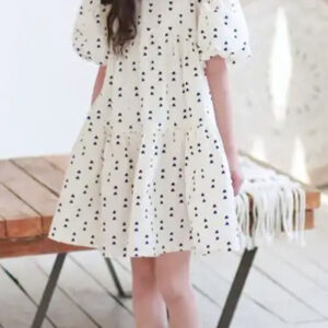 Girls' White Heart-Print Puff Sleeve Dress