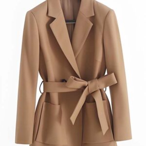 Women's Camel Cropped Blazer - Belted Waist