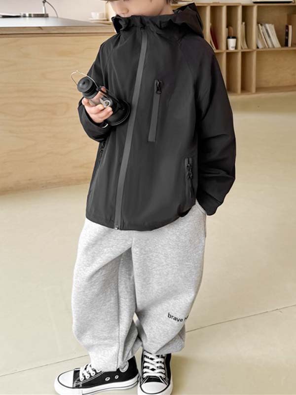Kids Black Hooded Windbreaker Jacket