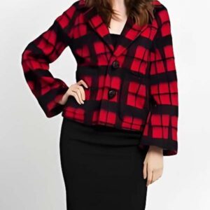 Red-Black Plaid Coat with Structured Seams