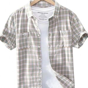 Men's Beige Plaid Short-Sleeve Shirt