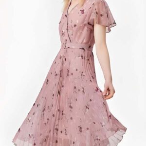 Pink Floral Pleated Dress with Precise Pattern Alignment
