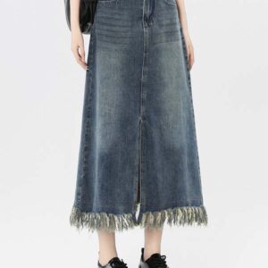 Dark Blue Denim Maxi Skirt with Secure Fringe Hem
