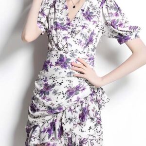 White-Purple Floral Wrap Dress with Secure Sleeve