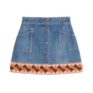 Blue Denim Mini Skirt with Securely Stitched Geometric Trim