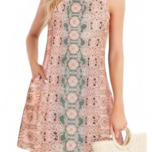 Pink-Green Printed Sleeveless Dress