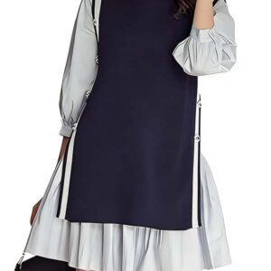 Navy-Gray Suspender Dress with Reinforced Hardwar