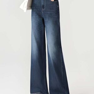 Dark Blue Gradient Wide-Leg Jeans with Double-Stitched