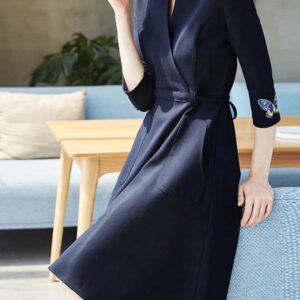 Navy Embroidered Wrap Dress with Reinforced Tie Stitching