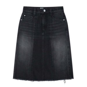 Black Denim Midi Skirt with Reinforced Snaps