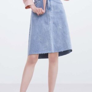 Light Blue Distressed Denim Midi Skirt