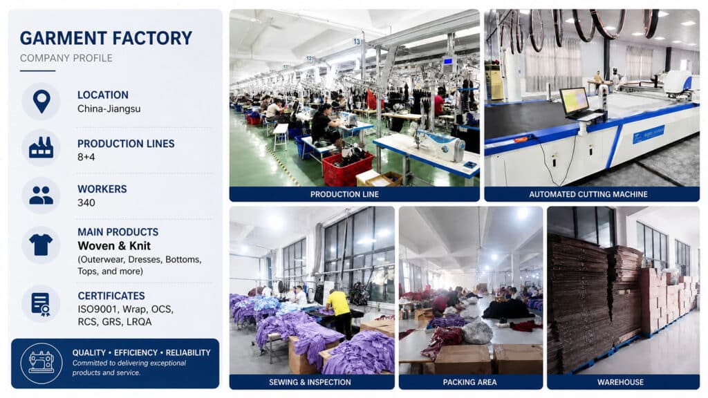 Professional Garment Factory in Jiangsu China - Woven and Knit Mass Production Expert.
